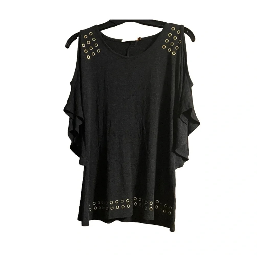 BELLDINI Women's Black Gray Studded Boatneck Cold shoulder Knit Top Sz M NWOT